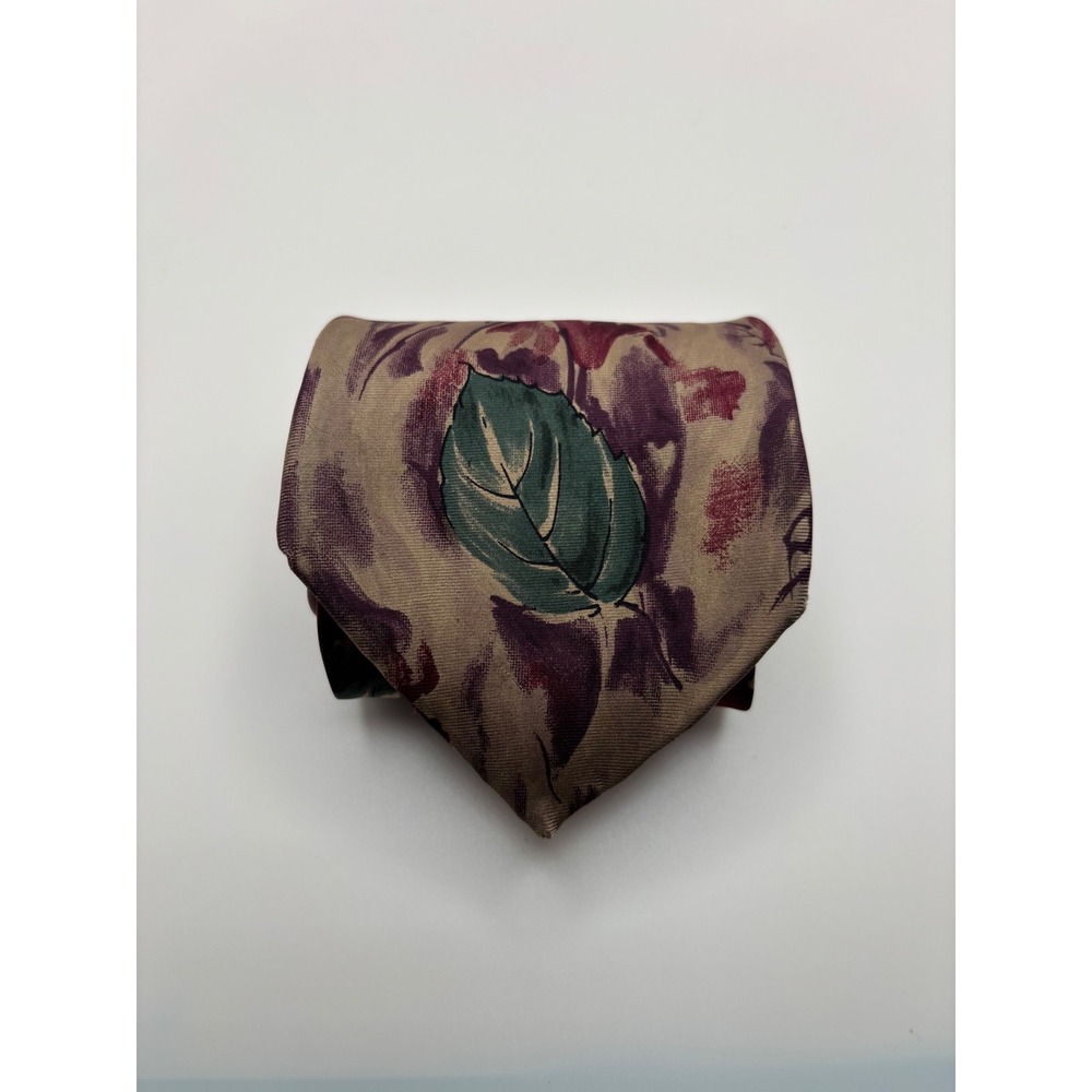 Pierre Balmain Paris Silk Tie Tan Burgundy Green Abstract Floral Leaf Italy